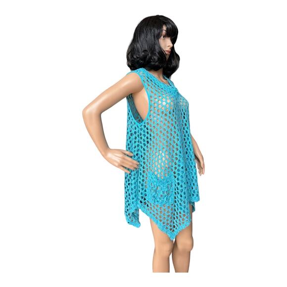 Kaktus sleeveless Tunic Open Weave Crochet Lagenlook Boho in blue size large - Picture 7 of 12